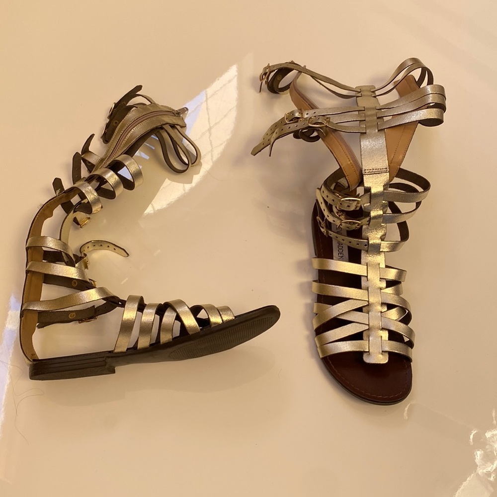 Silver/gold gladiator sandals that go to calf